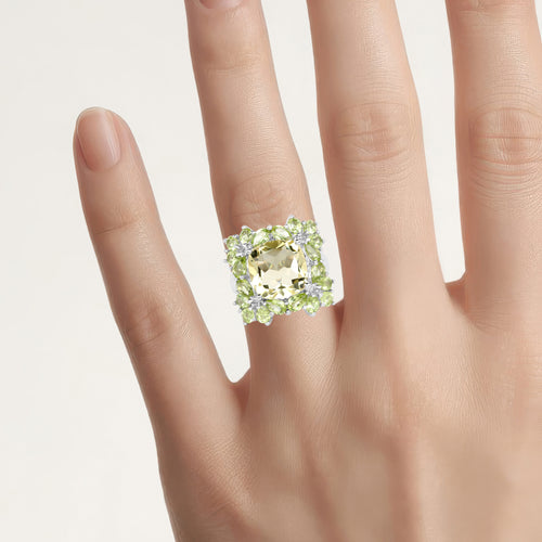 Lemon Quartz Ring With Peridot 9.32 Carats Sterling Silver