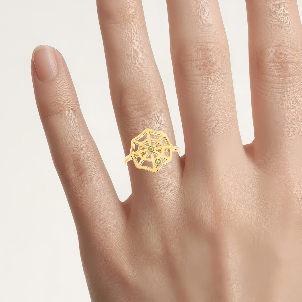 Peridot Spider Web Ring 0.02 Carats Gold Plated Silver