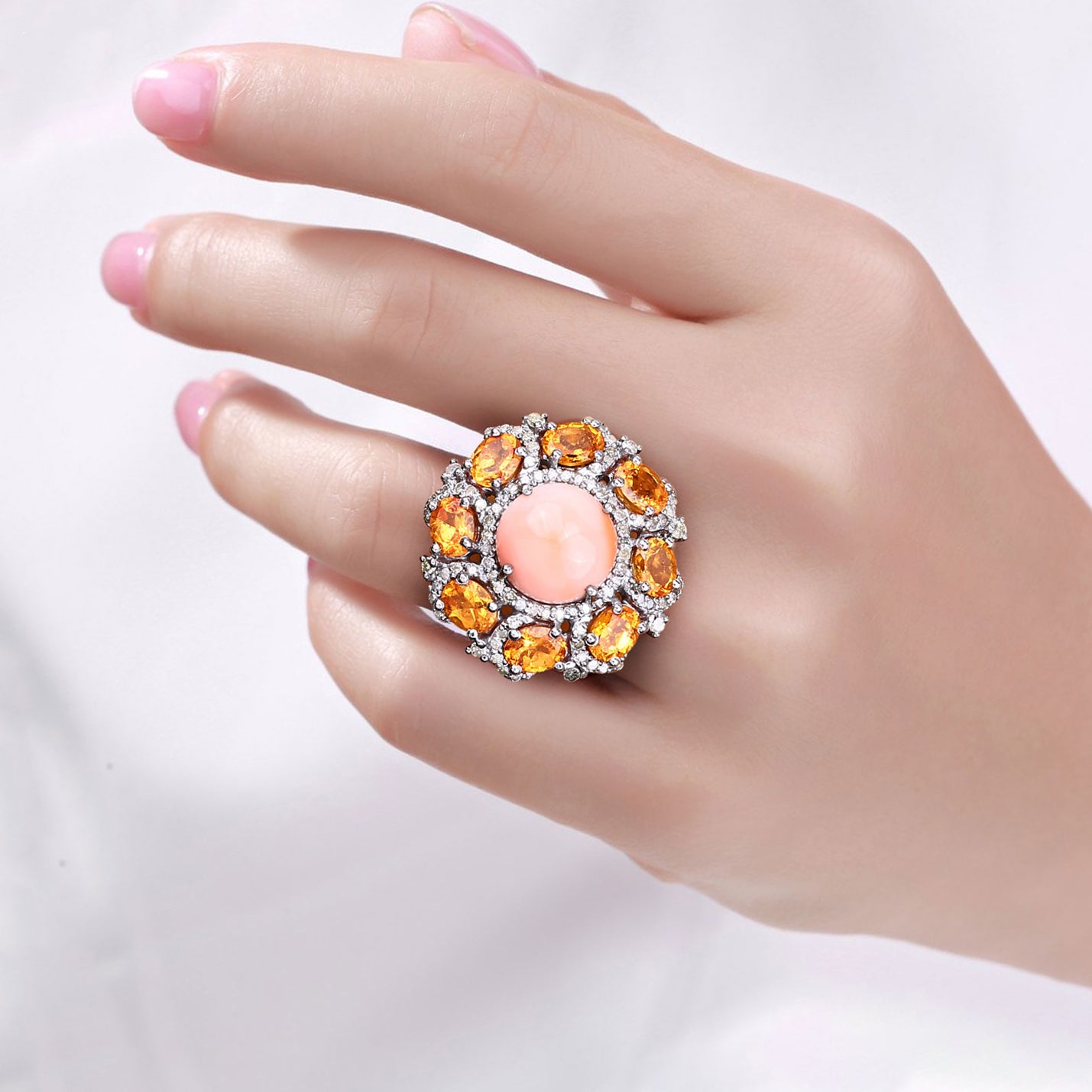 Coral Ring With Spessartite Garnet 7.52 Carats Sterling Silver