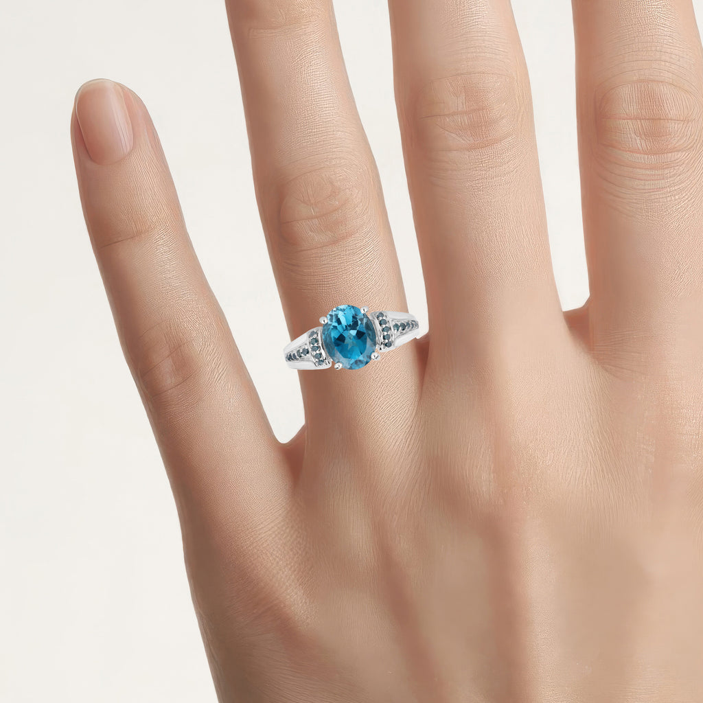 London Blue Topaz Ring With Blue Diamonds 2.68 Carats Sterling Silver