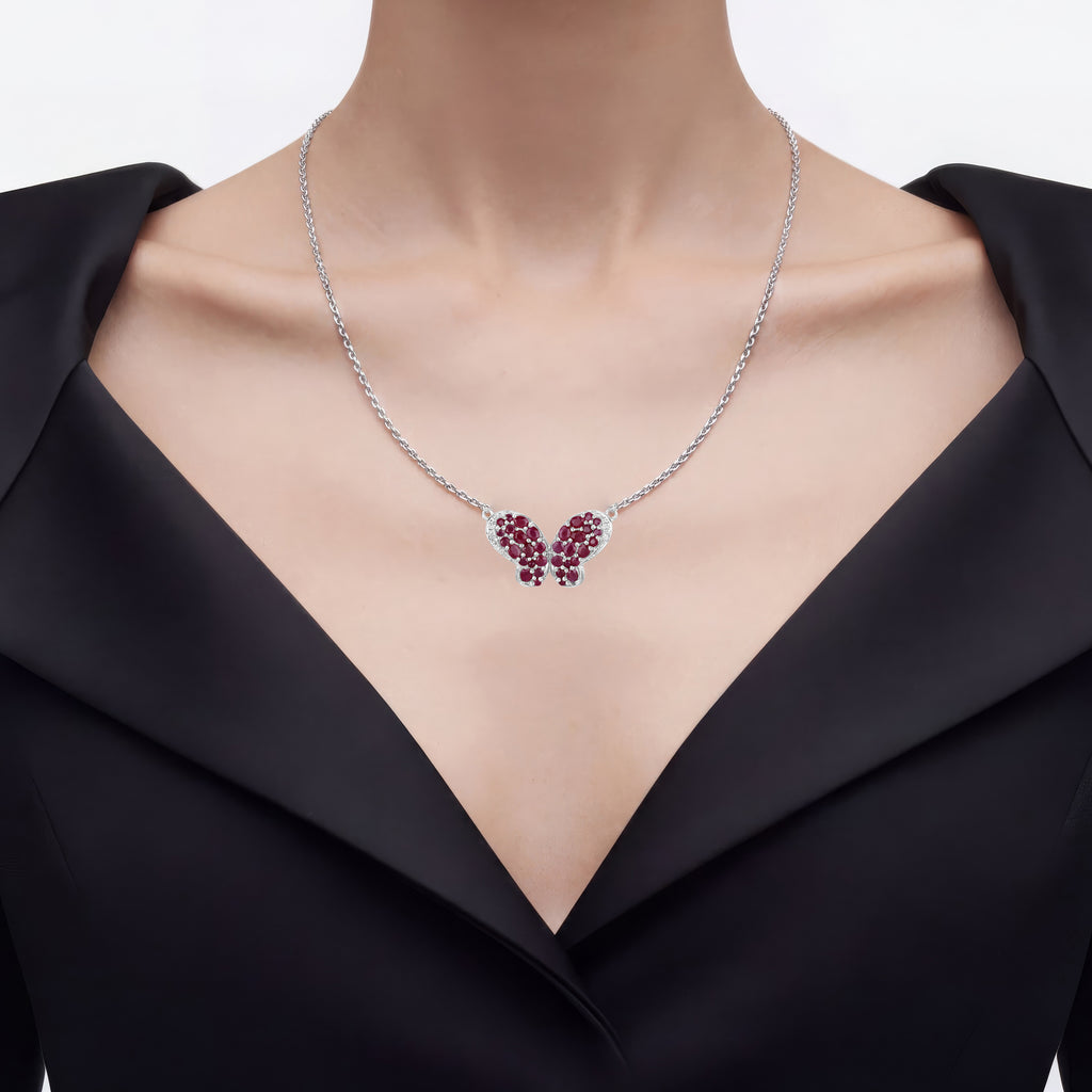 Ruby Butterfly Pendant With White Zircon 4.08 Carats Sterling Silver