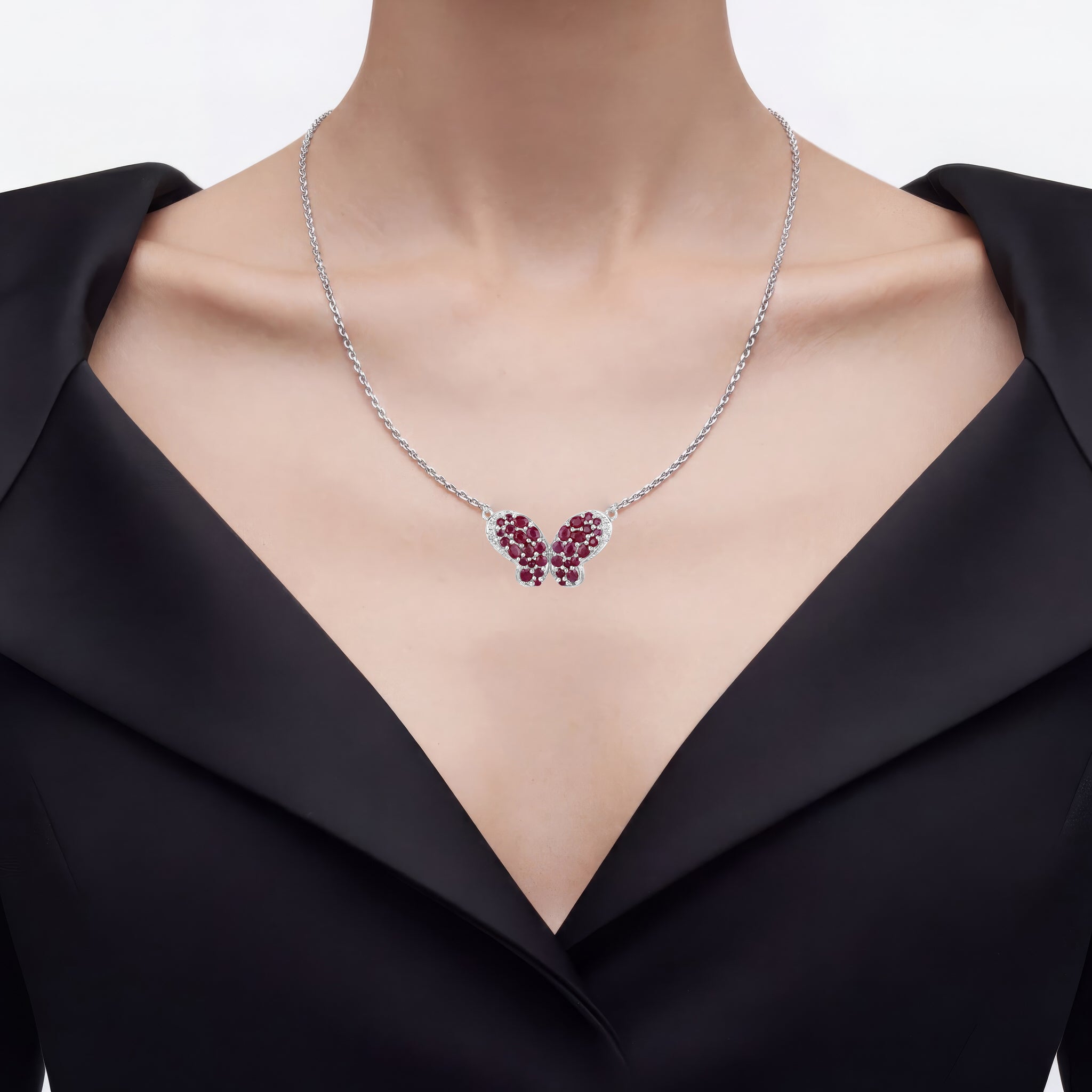 Ruby Butterfly Pendant With White Zircon 4.08 Carats Sterling Silver