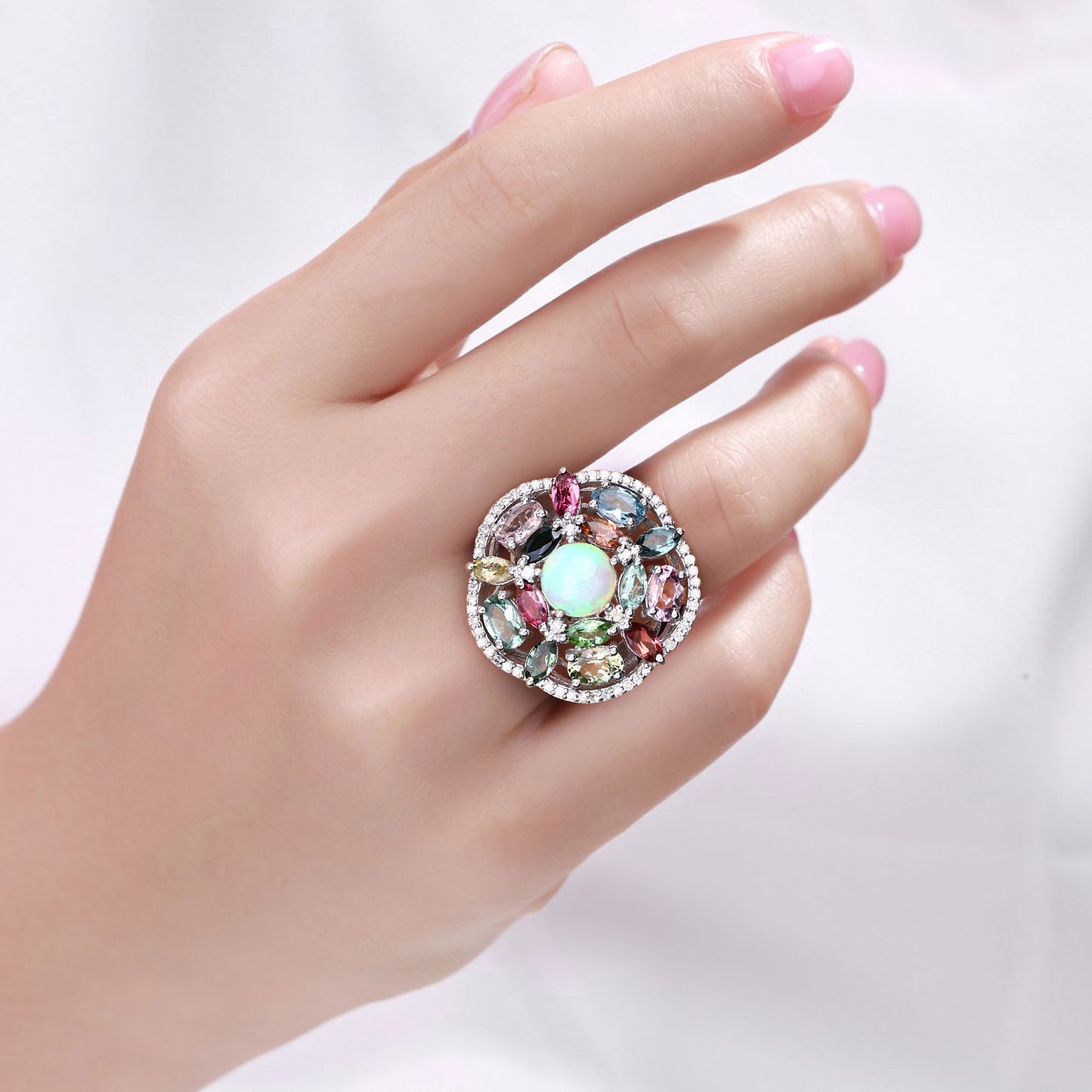 Opal Ring With Multicolor Tourmaline 5.8 Carats Sterling Silver