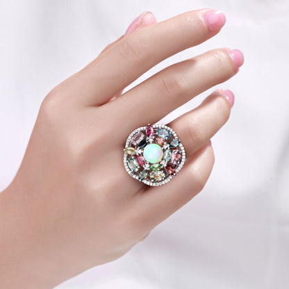Opal Ring With Multicolor Tourmaline 5.8 Carats Sterling Silver