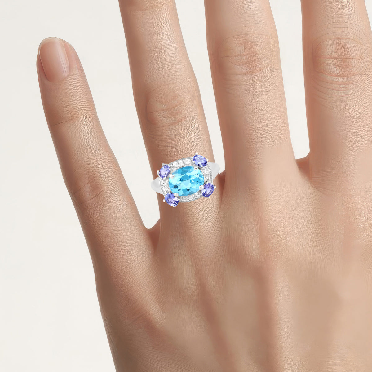Swiss Blue Topaz Ring With Tanzanite 4.08 Carats Sterling Silver