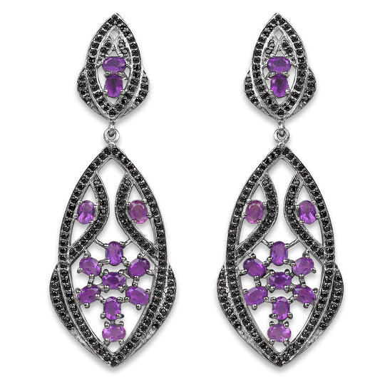 Amethyst Dangle Earrings With Black Spinels 5.74 Carats