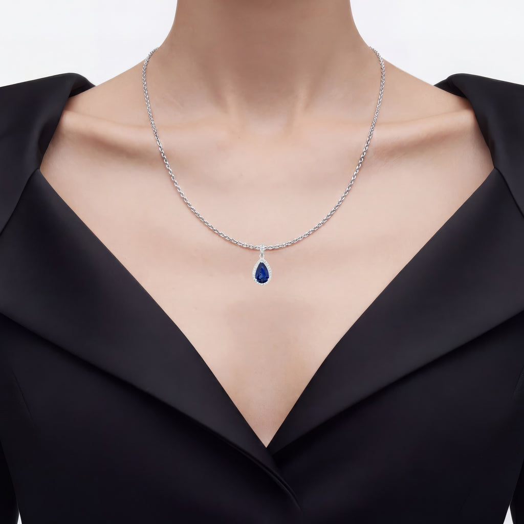 Blue Sapphire Pendant With Diamonds 2.96 Carats 18K White Gold