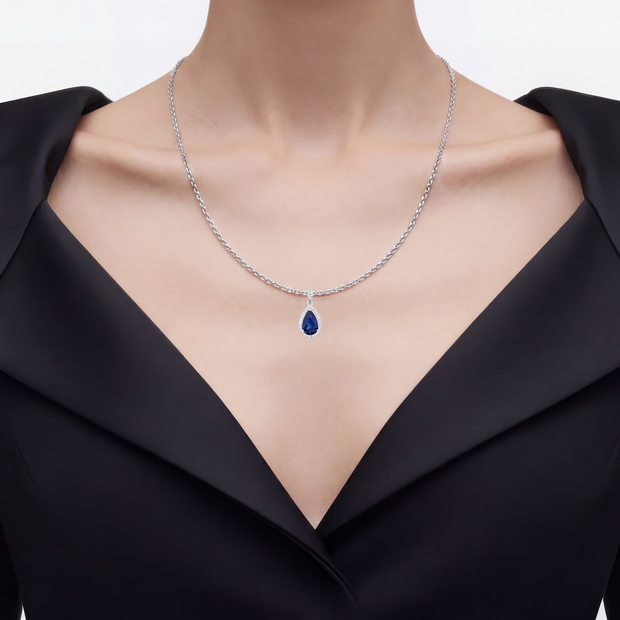 Blue Sapphire Pendant With Diamonds 2.96 Carats 18K White Gold