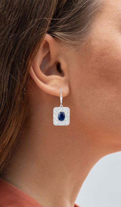 Natural Blue Sapphire Earrings With Diamonds 3.32 Carats Sterling Silver
