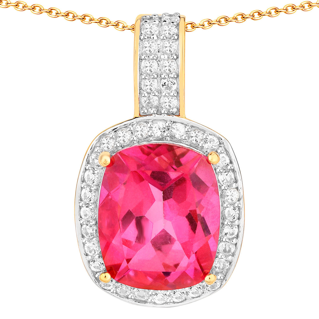 Pink Topaz Pendant White Topaz Setting 6.85 Carats 18K Yellow Gold Plated Silver