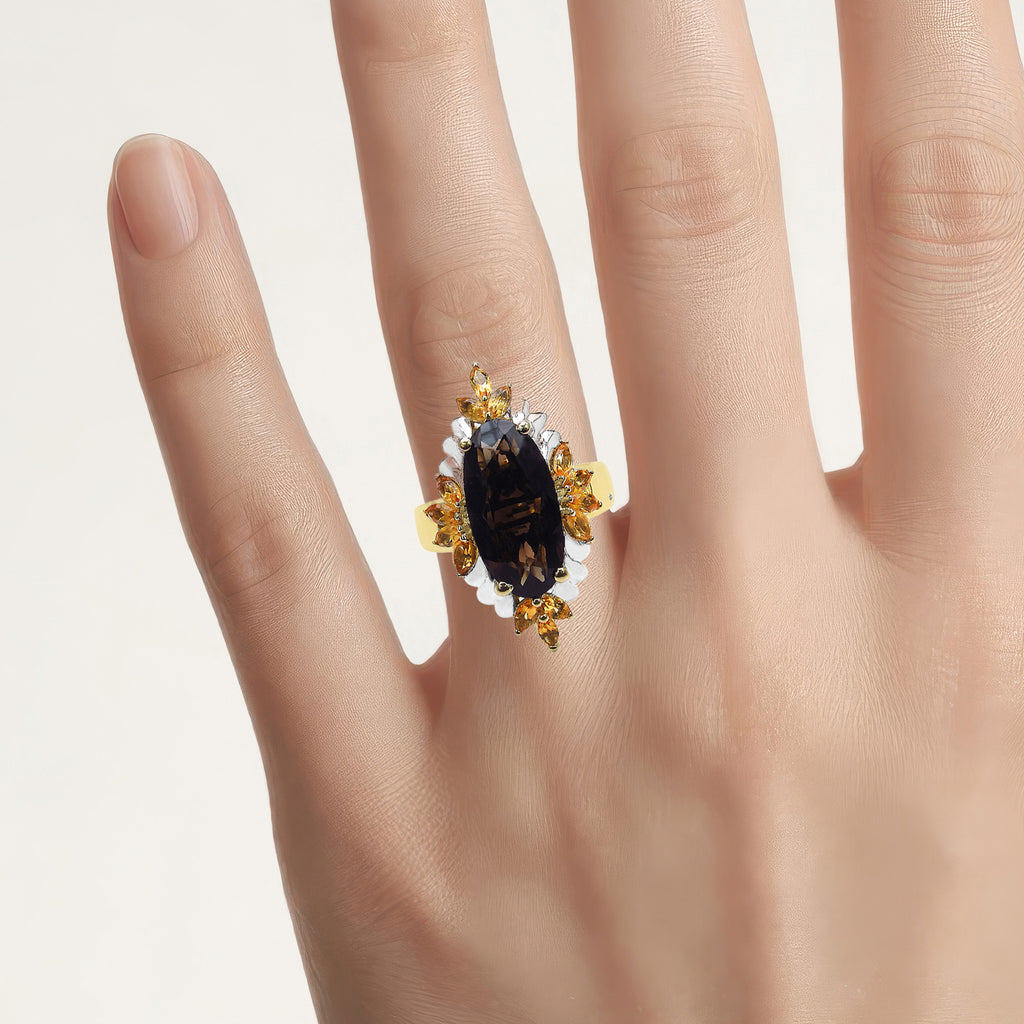 Smoky Quartz Ring With Citrine 7.03 Carats Gold Plated Silver
