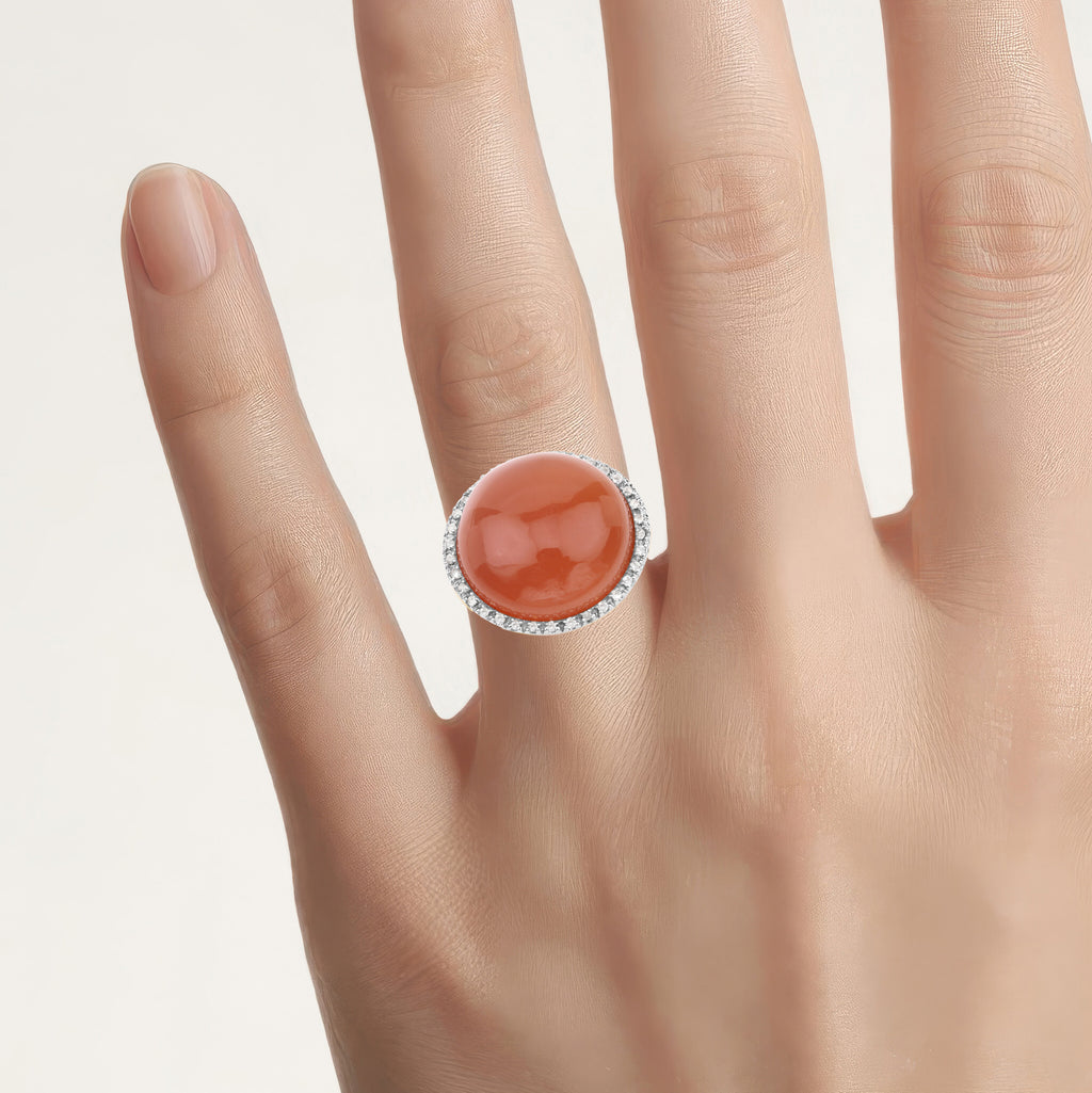 Peach Moonstone Ring With White Topaz 13.9 Carats Gold Plated Silver