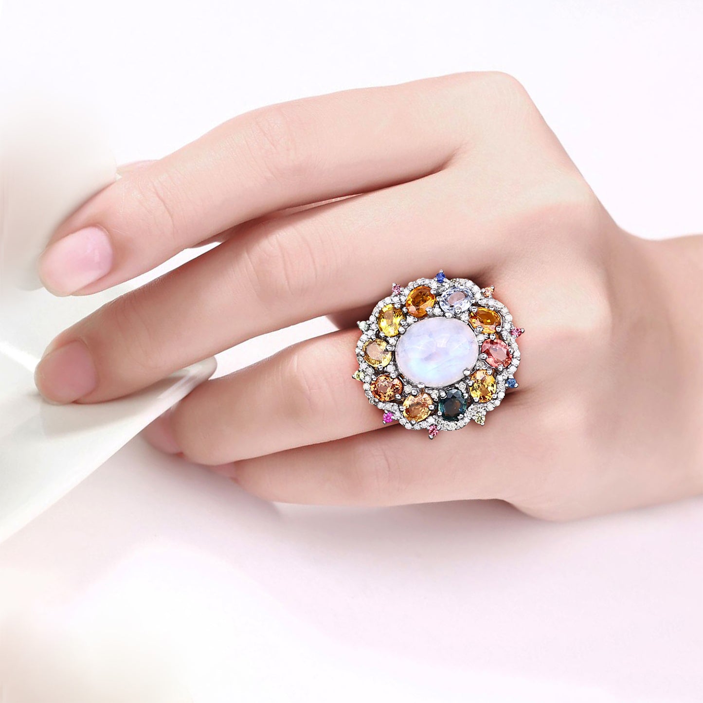 Moonstone Ring With Multicolor Sapphire 9.98 Carats Sterling Silver