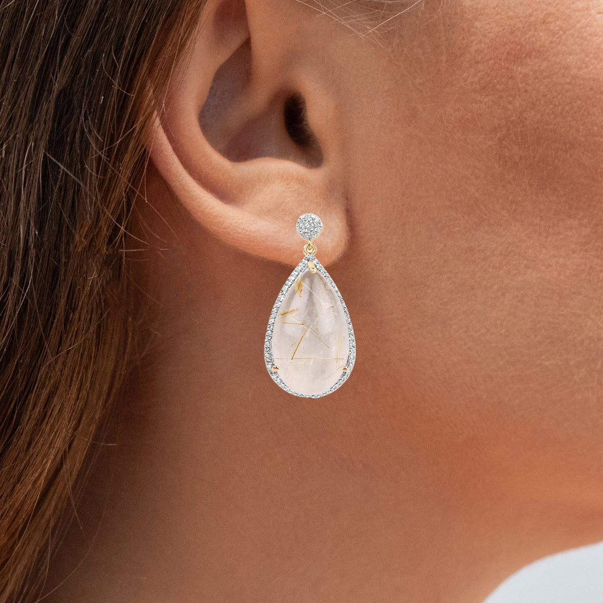 Golden Rutile Earrings With White Topaz 35.1 Carats Gold Plated Silver
