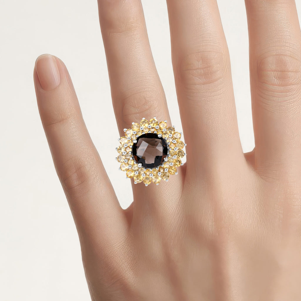 Smoky Quartz Ring With Citrine 8.5 Carats Sterling Silver