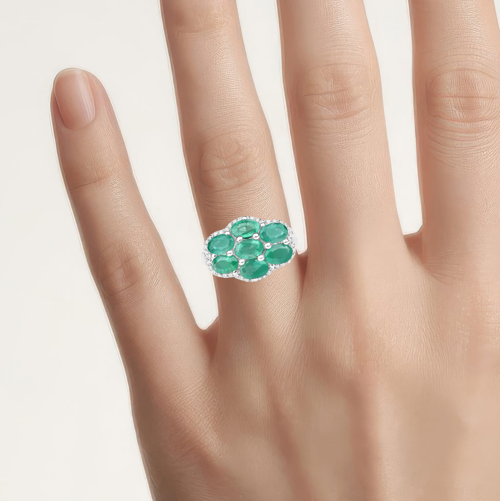 Zambian Emerald Ring With White Zircon 3.3 Carats Sterling Silver