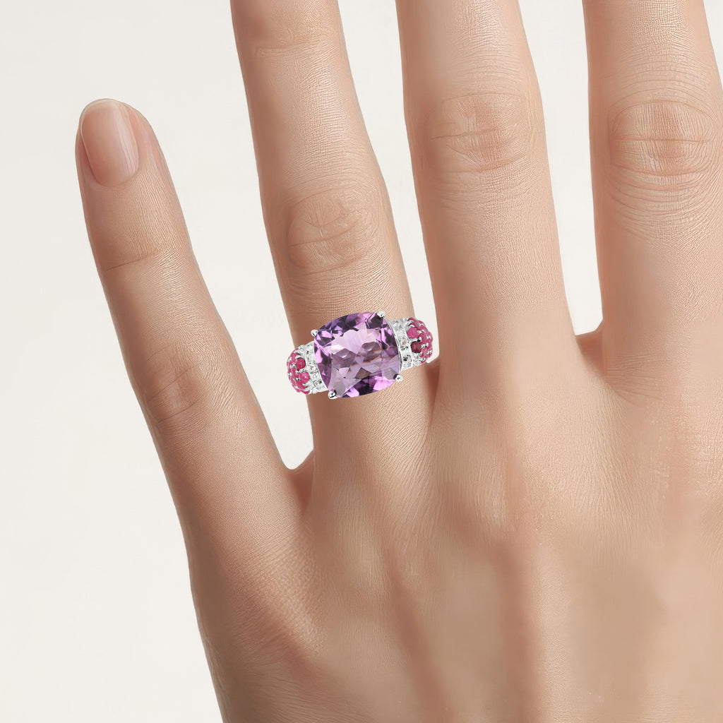 Amethyst Ring With Ruby and White Topaz 6.52 Carats Sterling Silver