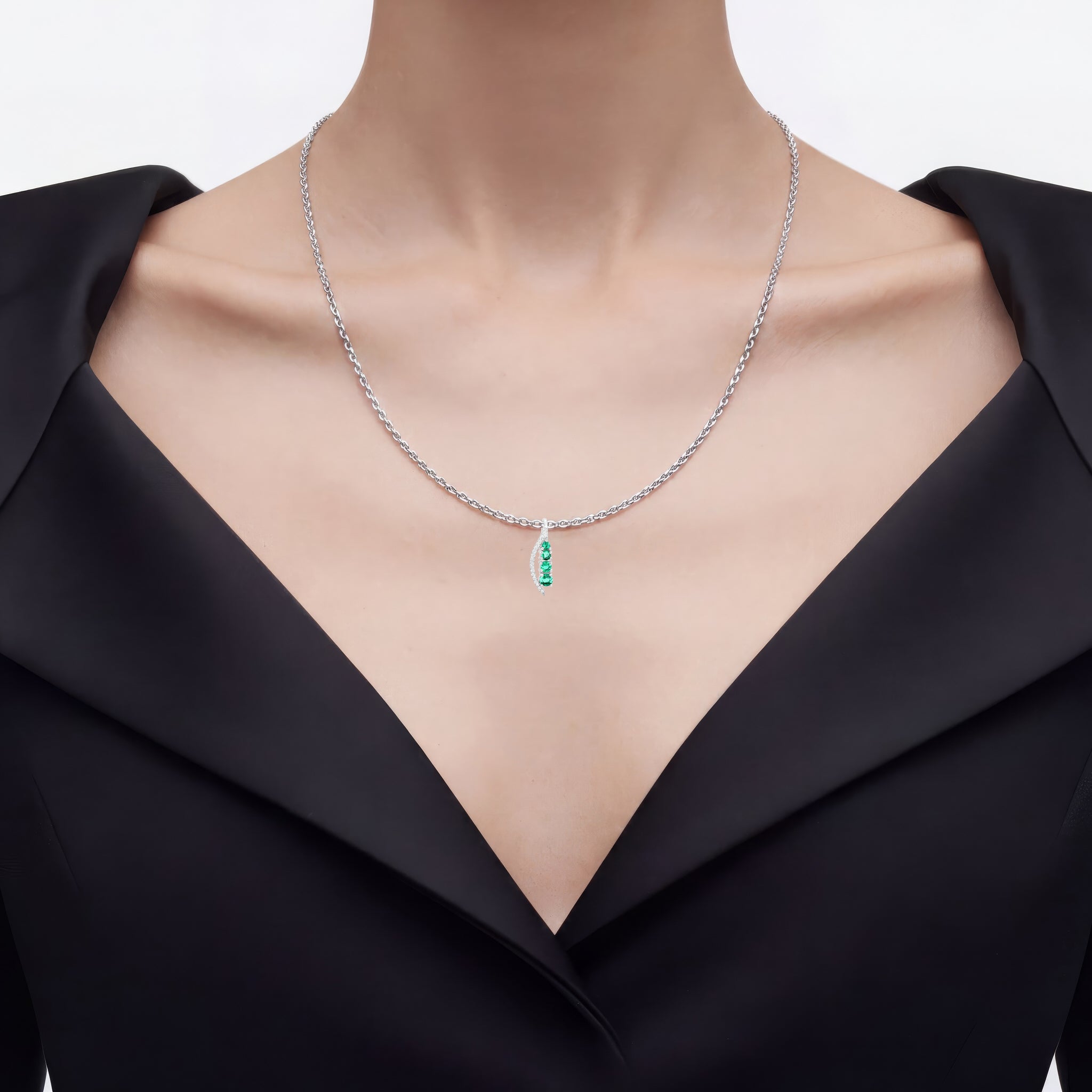 Zambian Emerald Pendant With Diamonds 0.26 Carats 14K White Gold