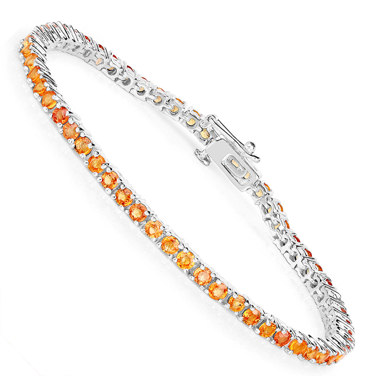 Orange Sapphire Tennis Bracelet 7.70 Carats Rhodium Plated Silver