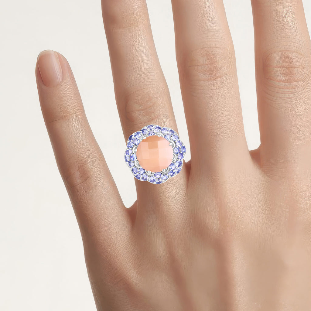 Peach Moonstone Ring With Tanzanite 7.16 Carats Sterling Silver
