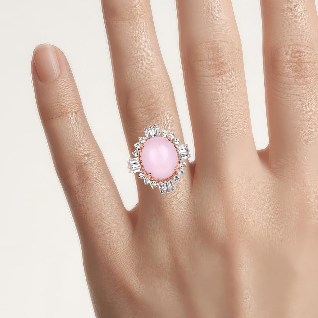 Pink Opal Ring With White Topaz 6.36 Carats Gold Plated Silver