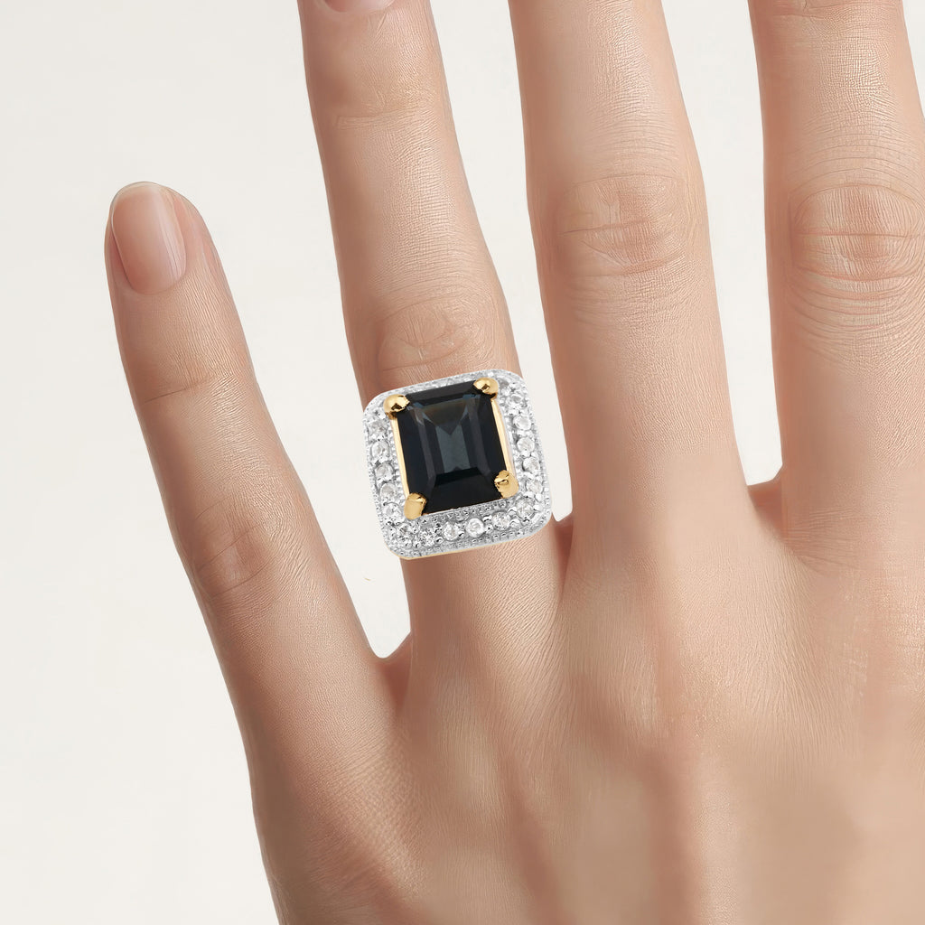 London Blue Topaz Ring With White Topaz 4.98 Carats Gold Plated Silver