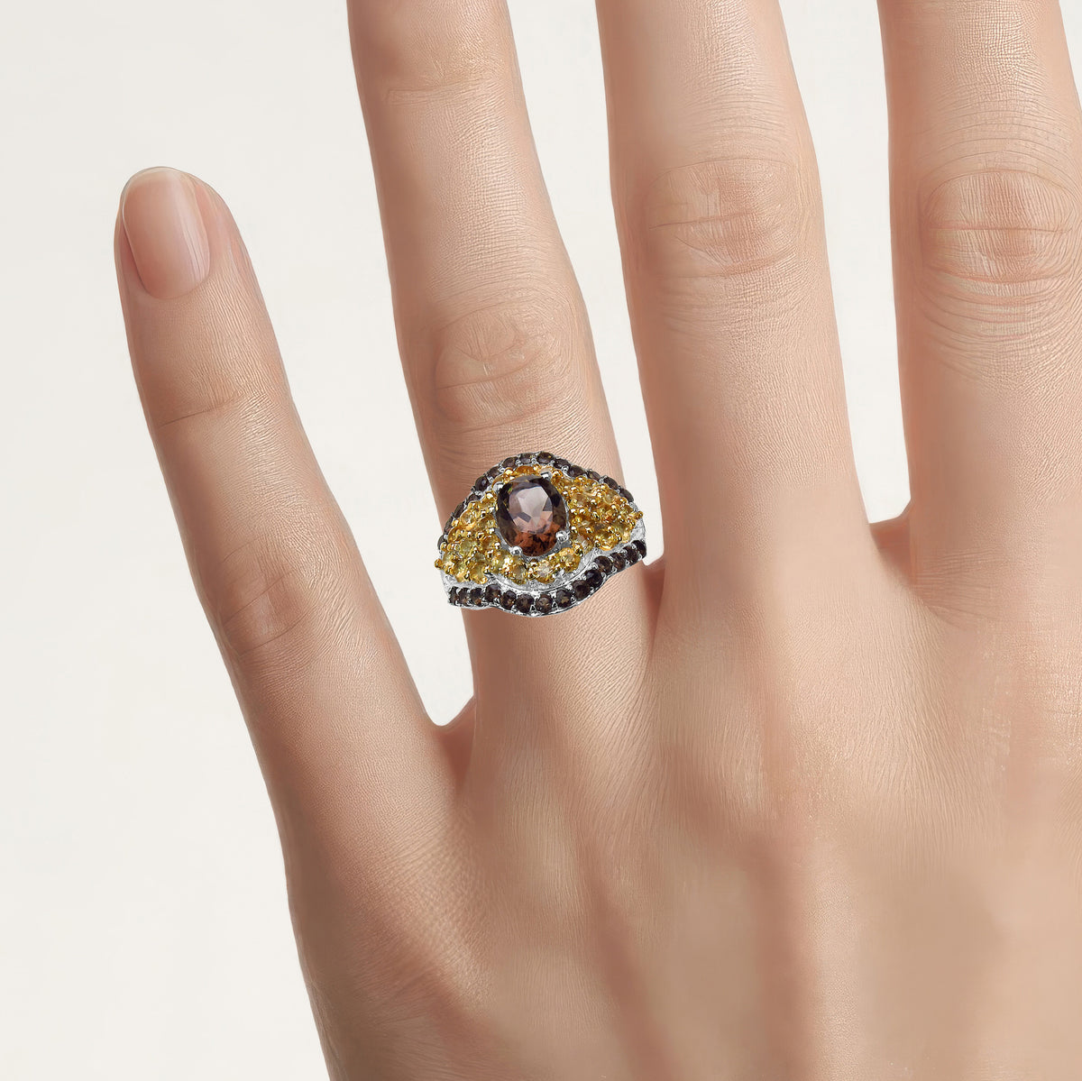 Smoky Quartz Ring With Citrine 2.52 Carats Sterling Silver