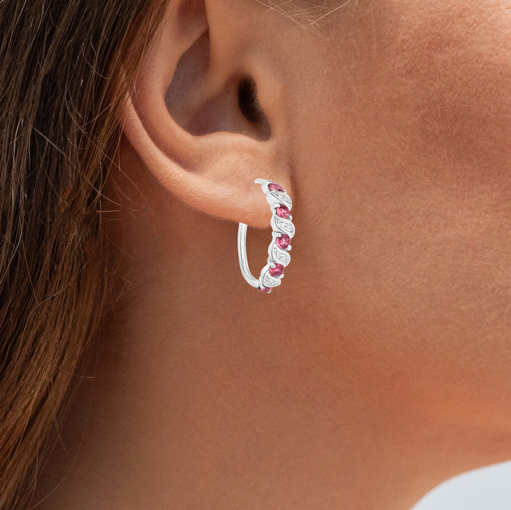 Pink Tourmaline Hoop Earrings With White Topaz 1.24 Carats Sterling Silver