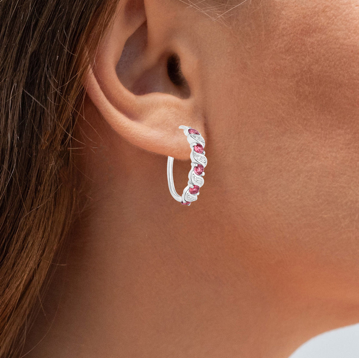 Pink Tourmaline Hoop Earrings With White Topaz 1.24 Carats Sterling Silver