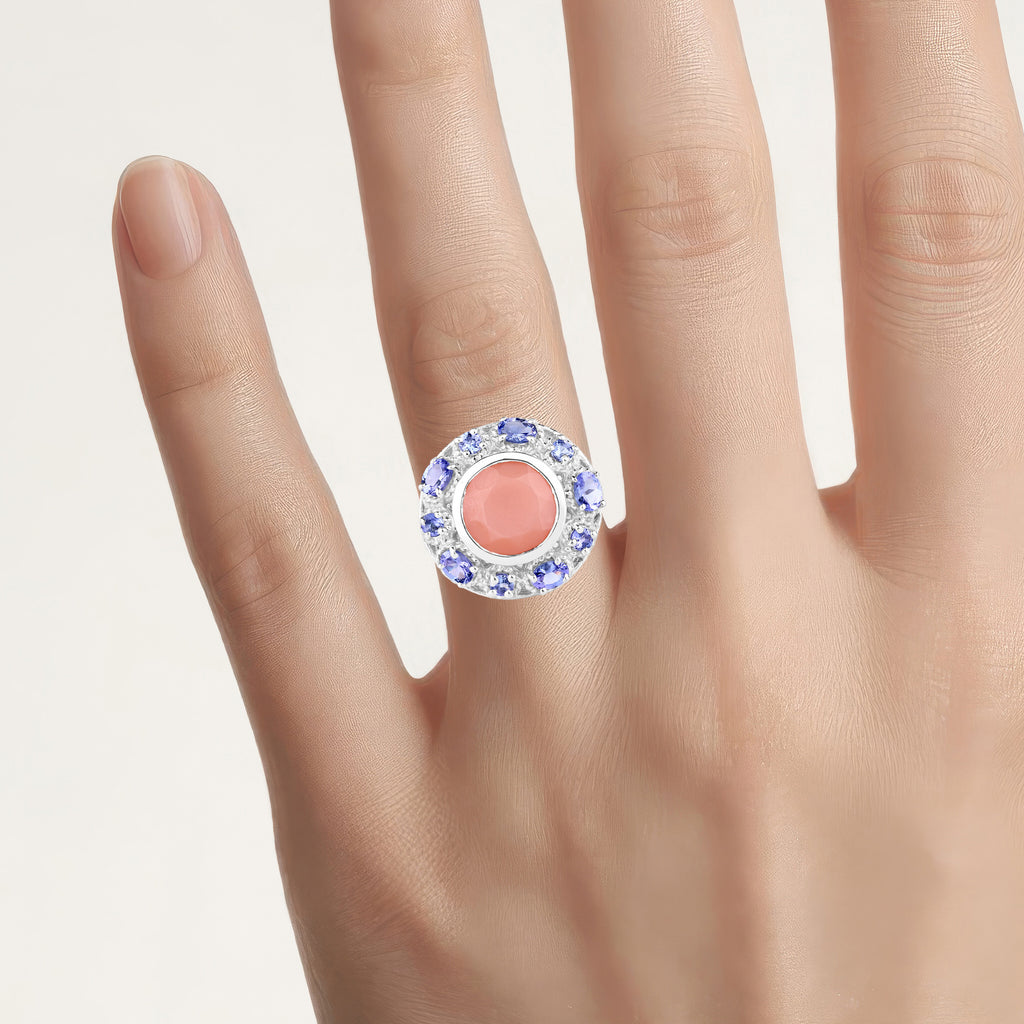 Peach Moonstone Ring With Tanzanite 4.46 Carats Sterling Silver
