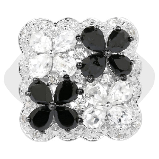Flower Ring Black Spinels White Topazes 2.86 Carats Sterling Silver