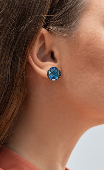 Swiss Blue Topaz Earrings With Black Diamond 3.70 Carats Sterling Silver