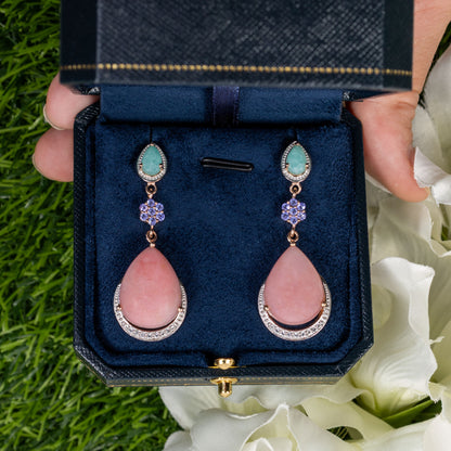 Pink Opal Dangle Earrings Amazonite Tanzanite 18K Rose Gold Plated Silver