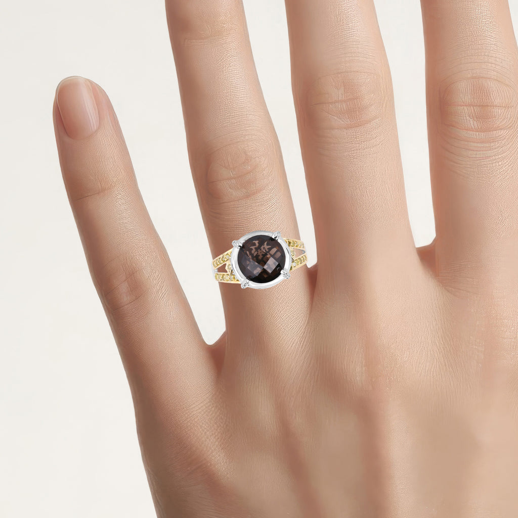 Smoky Quartz Ring With Yellow and White Diamonds 3.24 Carats Sterling Silver