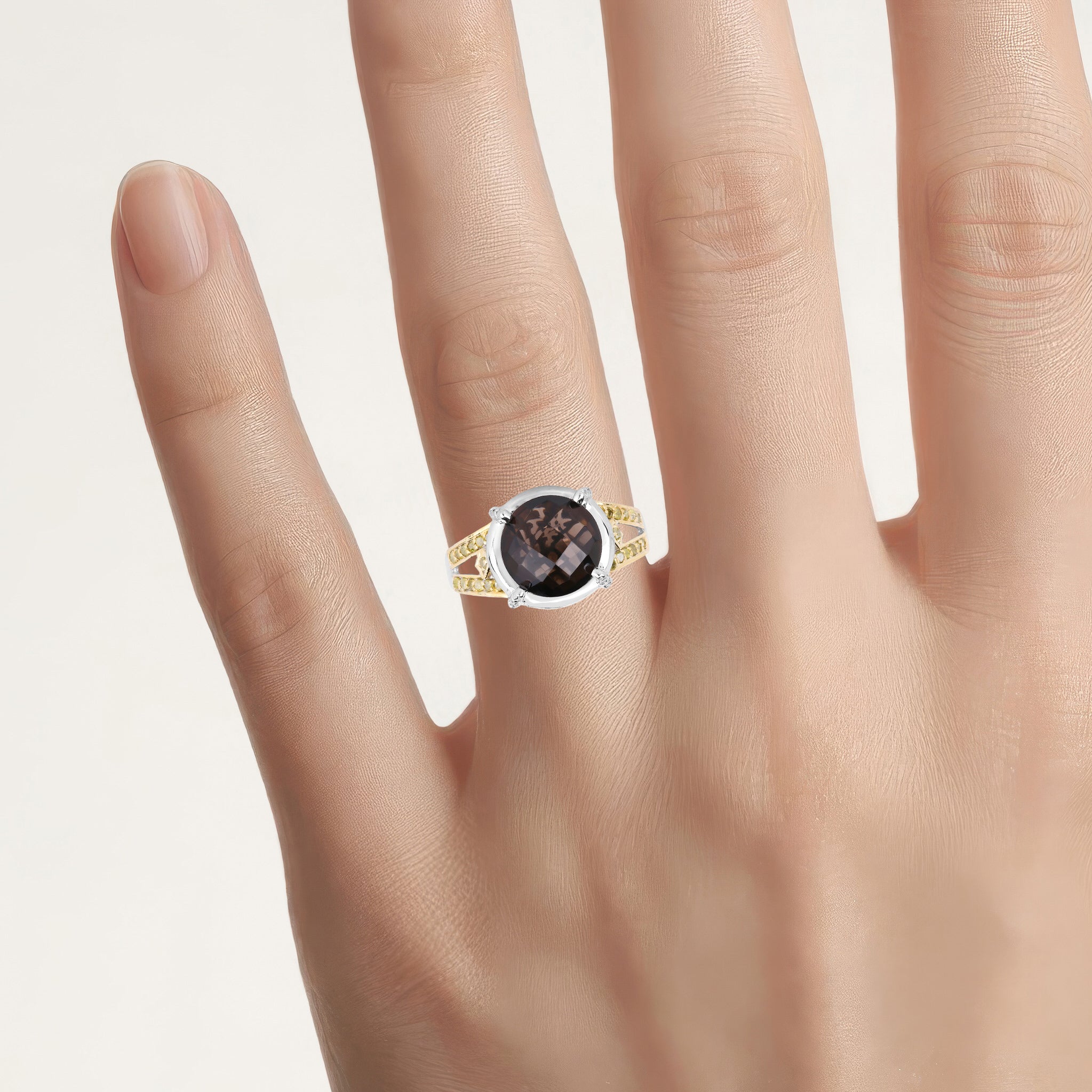 Smoky Quartz Ring With Yellow and White Diamonds 3.24 Carats Sterling Silver