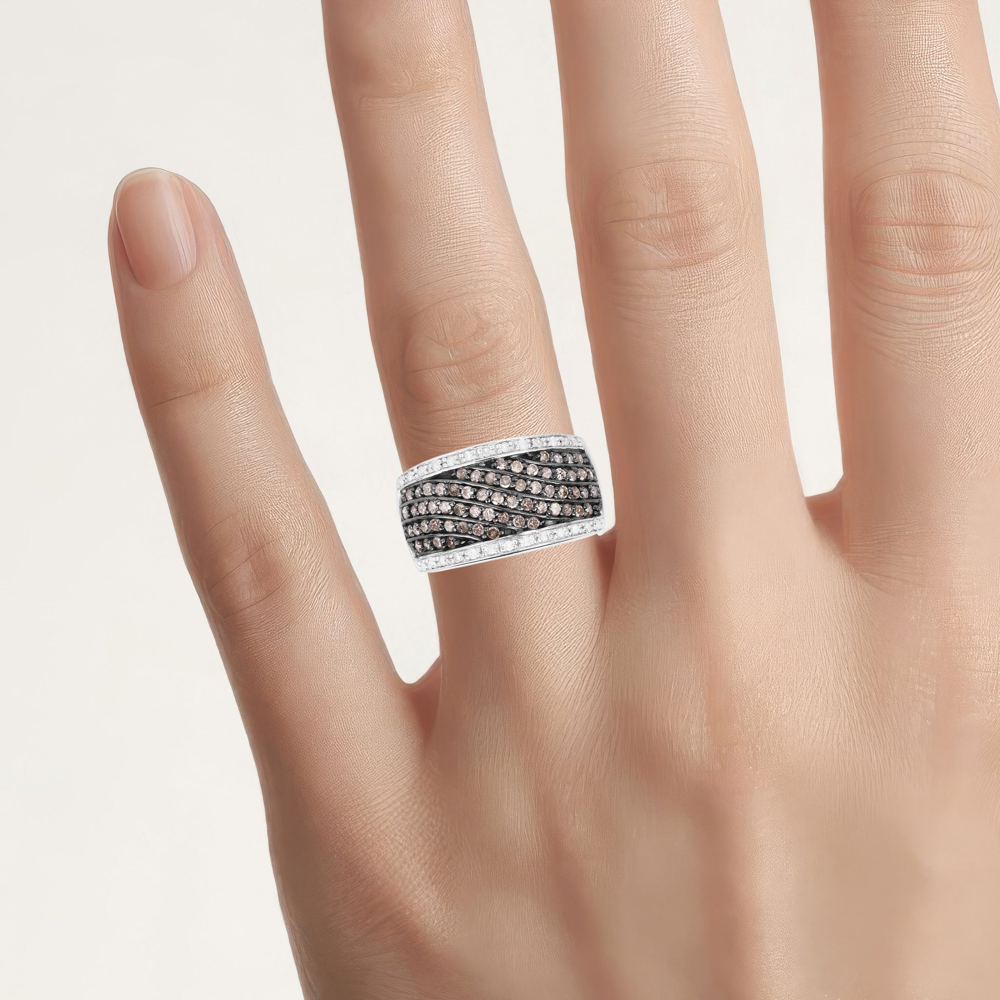 Champagne Diamond Wave Ring With White Diamonds 0.78 Carats Sterling Silver