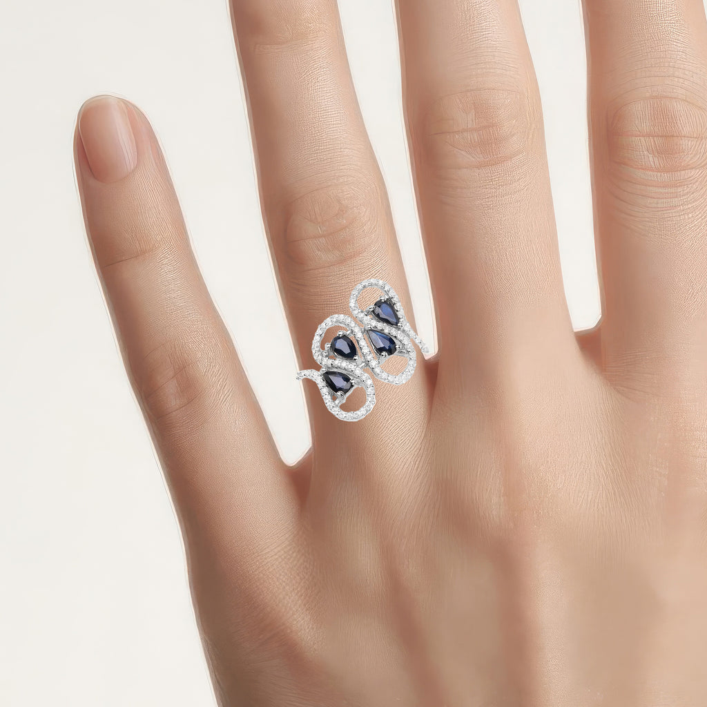 Blue Sapphire Ring With White Zircon 1.38 Carats Sterling Silver