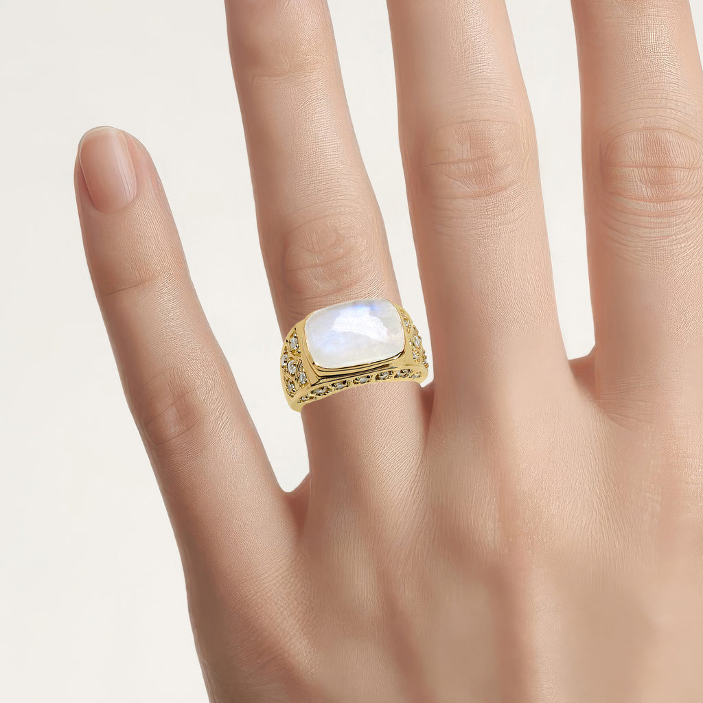 White Rainbow Moonstone Ring With White Topaz 8.02 Carats Gold Plated Silver