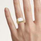 White Rainbow Moonstone Ring With White Topaz 8.02 Carats Gold Plated Silver