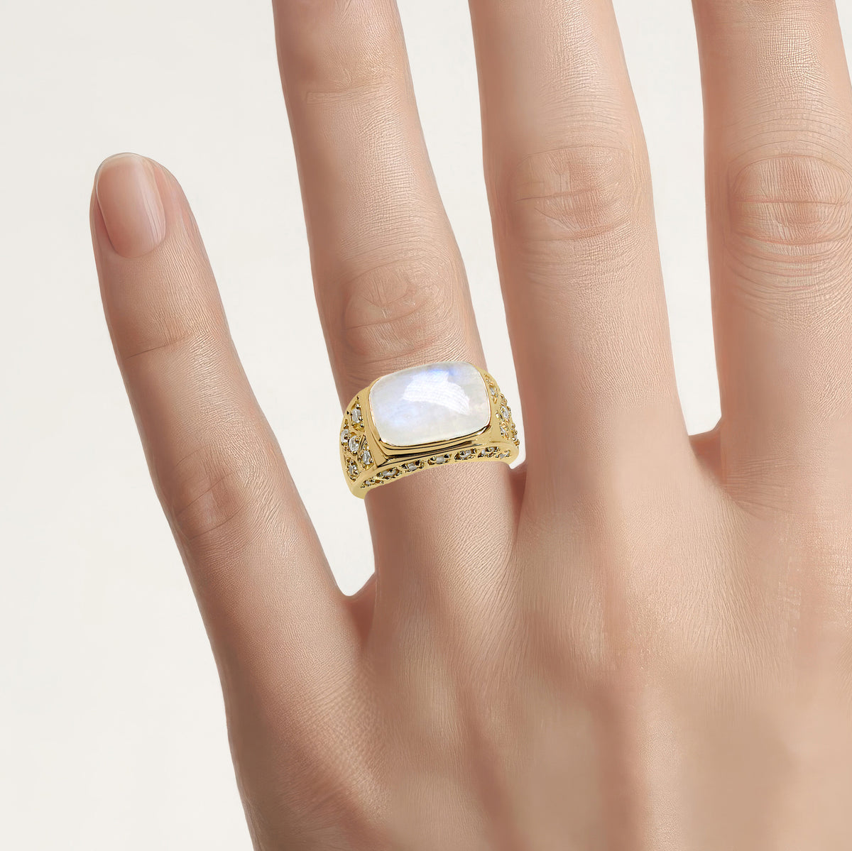 White Rainbow Moonstone Ring With White Topaz 8.02 Carats Gold Plated Silver