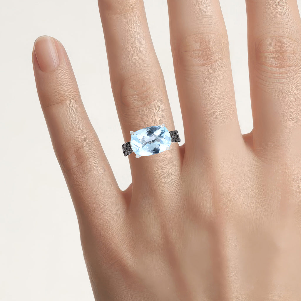 Swiss Blue Topaz Ring With Black Diamonds 3.94 Carats Sterling Silver