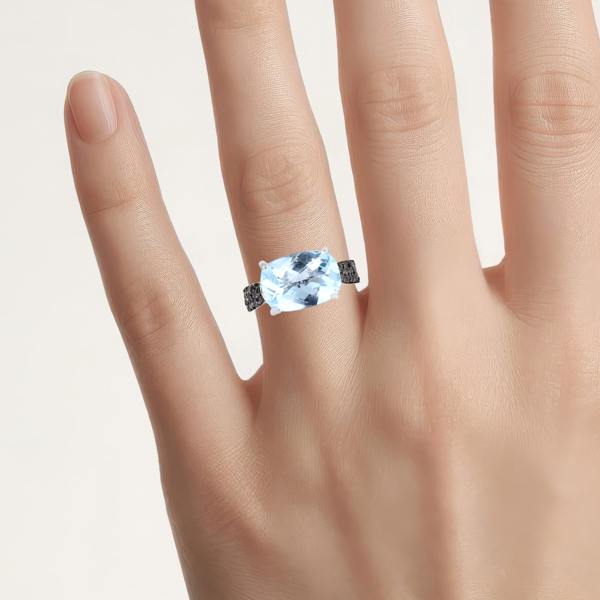 Swiss Blue Topaz Ring With Black Diamonds 3.94 Carats Sterling Silver