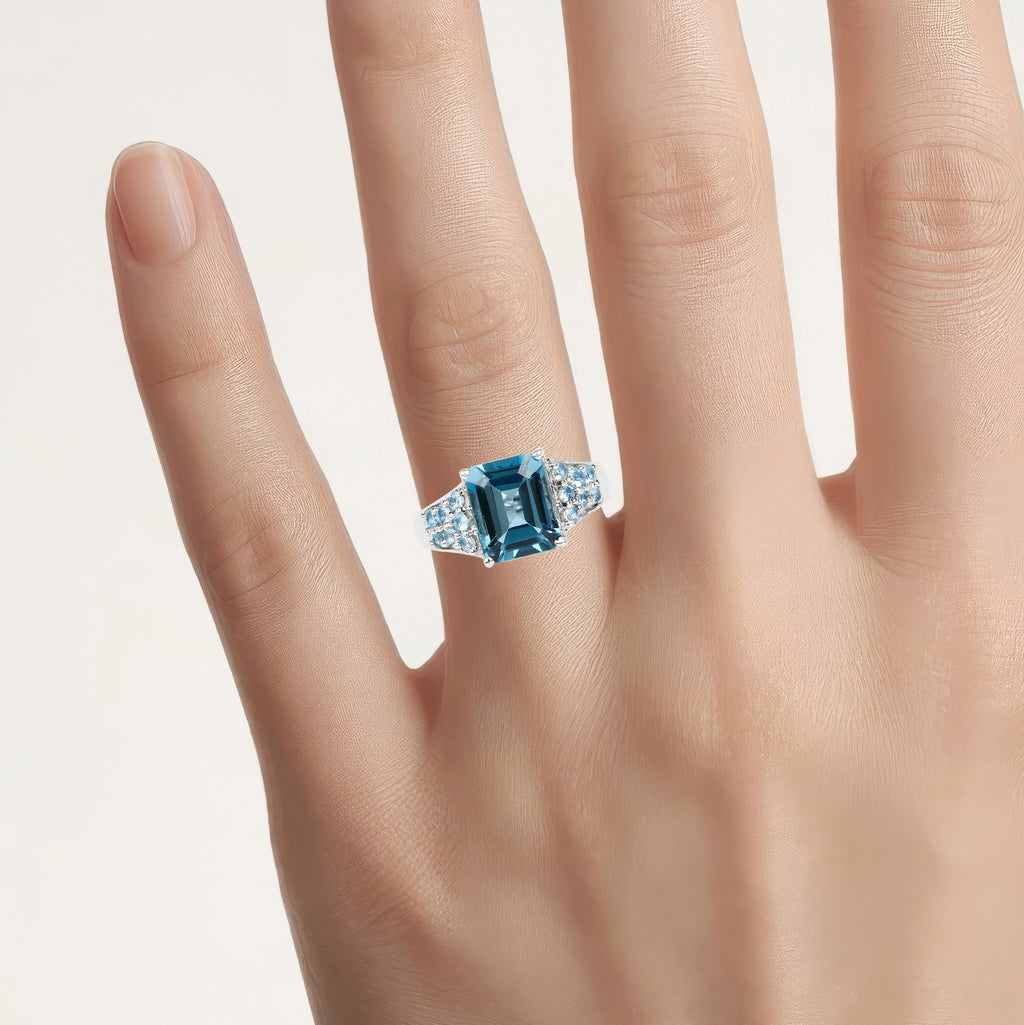 London Blue Topaz Ring With Swiss Blue Topaz 4.36 Carats Sterling Silver
