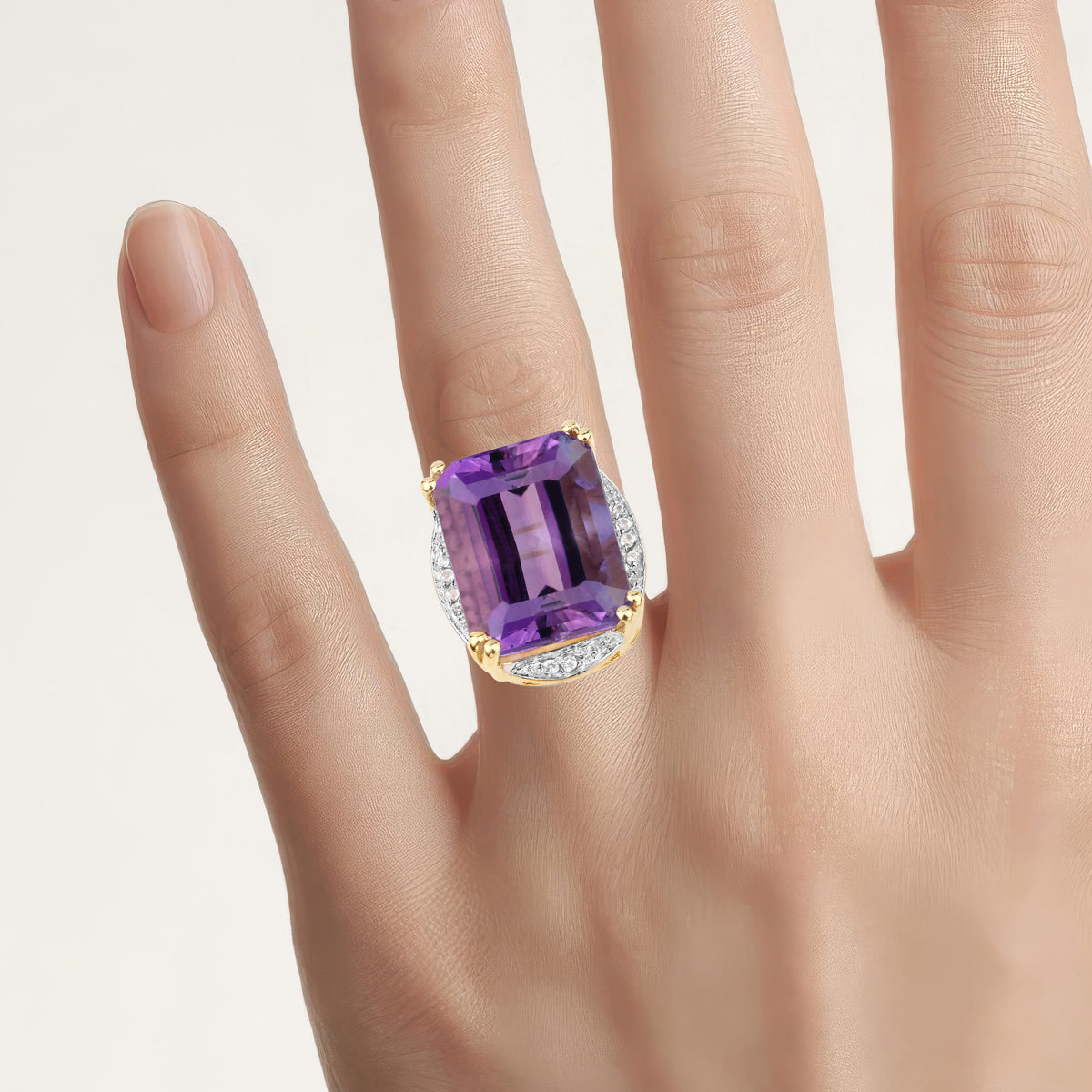 Amethyst Ring With White Topaz 11.5 Carats Gold Plated Silver