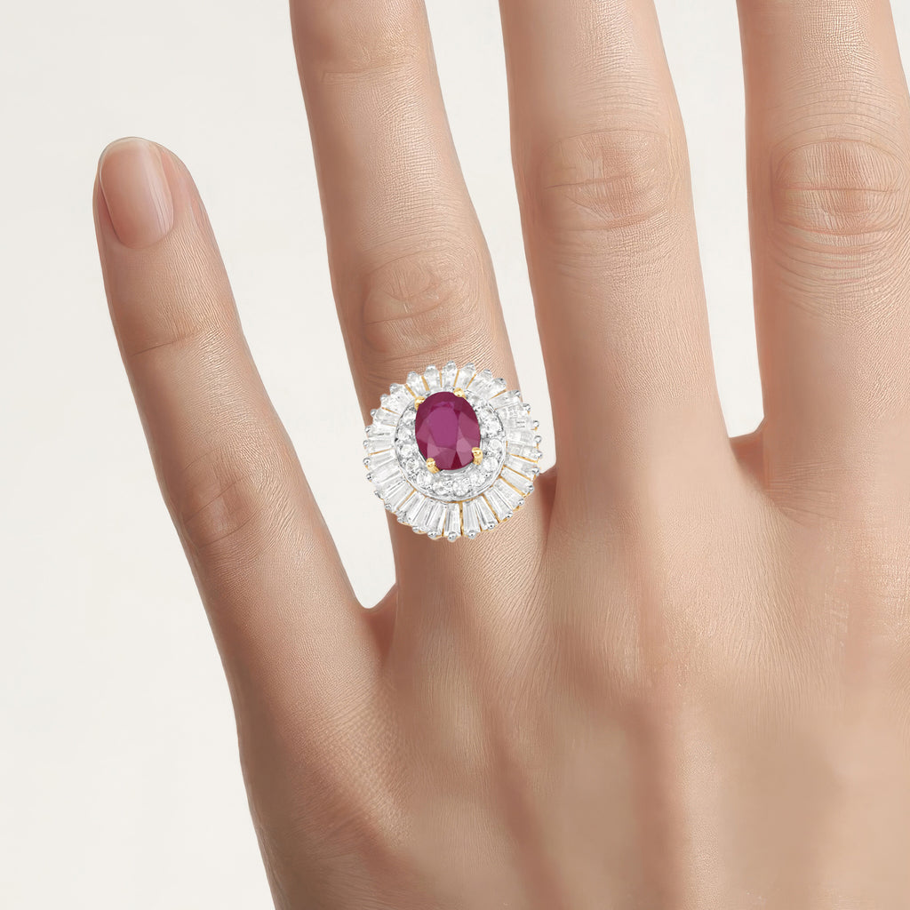 Ruby Ring With White Topaz 3.7 Carats Gold Plated Silver