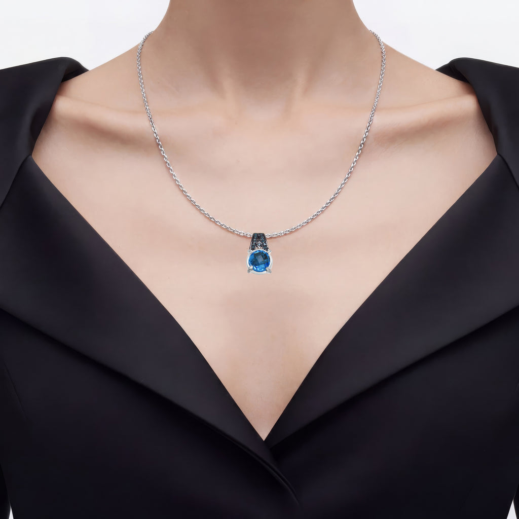 Swiss Blue Topaz Pendant With Multicolor Diamonds 4.9 Carats Sterling Silver