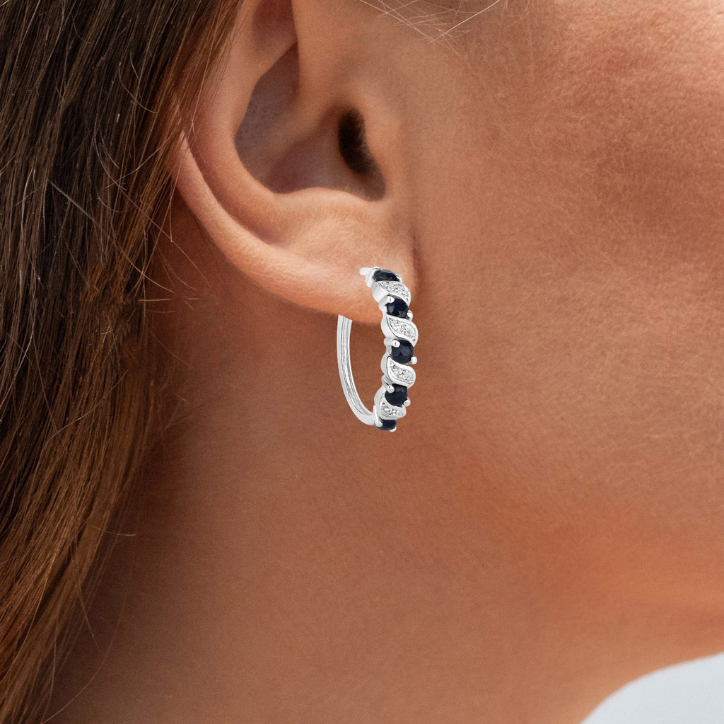 Blue Sapphire Hoop Earrings With White Topaz 1.24 Carats Sterling Silver