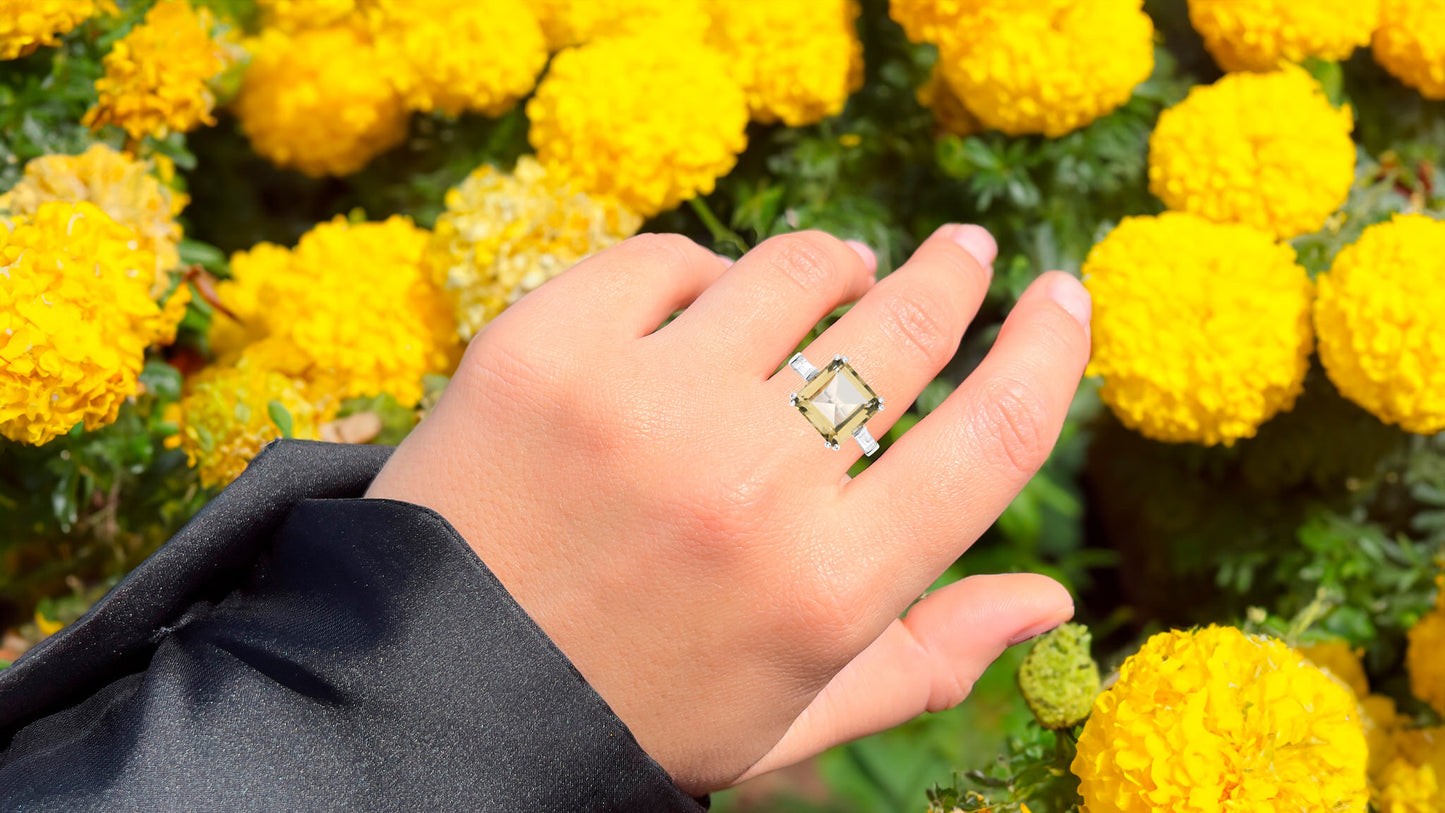 Lemon Quartz Ring With White Topaz 11.4 Carats Sterling Silver