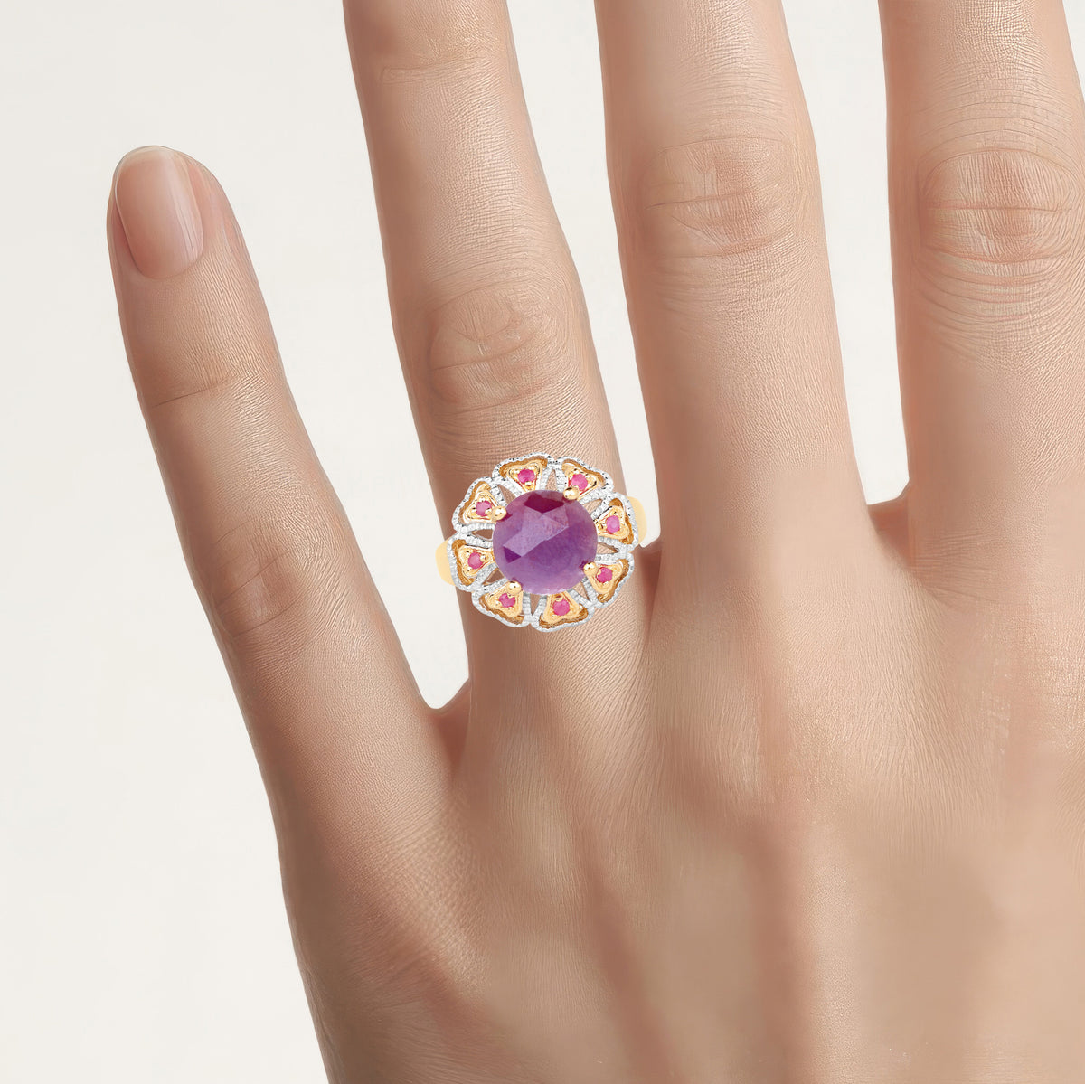 Pink Sapphire Ring With Ruby 5.52 Carats Gold Plated Silver