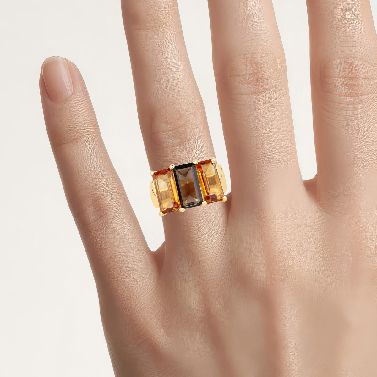 Smoky Quartz Ring With Citrine 8.08 Carats Gold Plated Silver